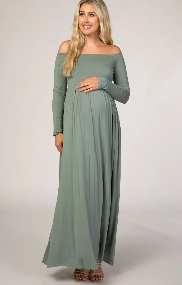 Sage Off Shoulder Long Sleeve Maternity Maxi Dress