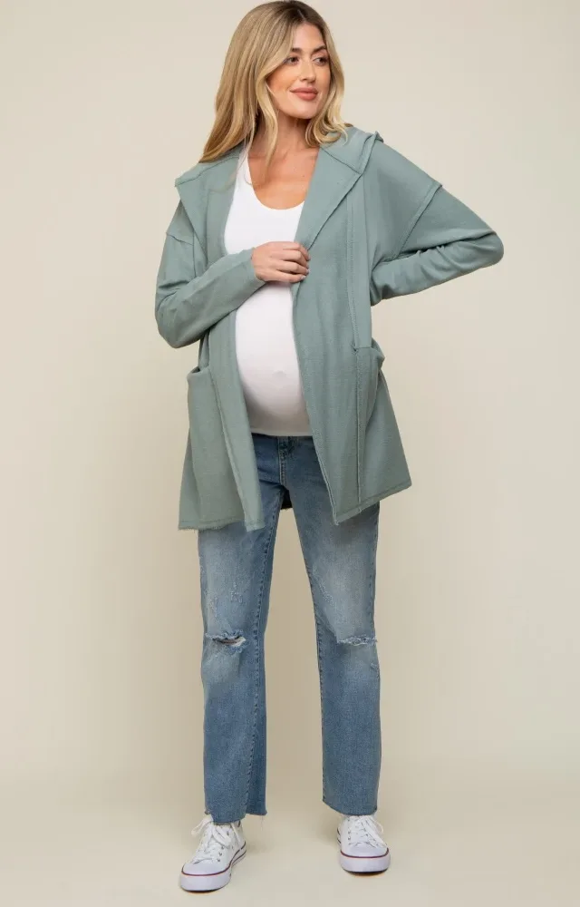 Sage Raw Hem Hooded Maternity Cardigan