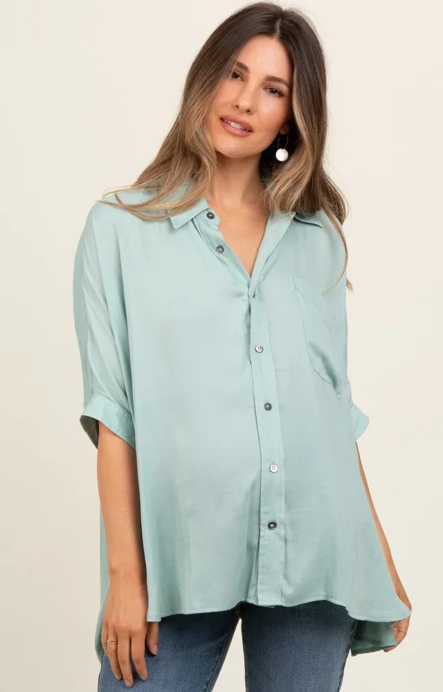 Sage Satin Oversized Maternity Shirt