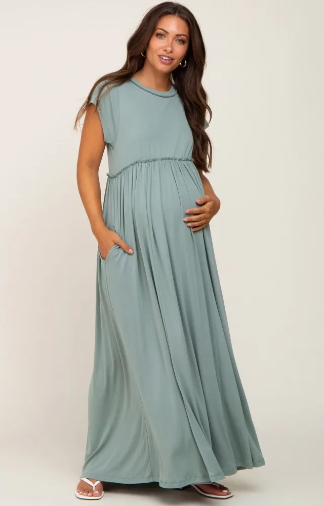 Sage Short Sleeve Babydoll Maternity Maxi Dress