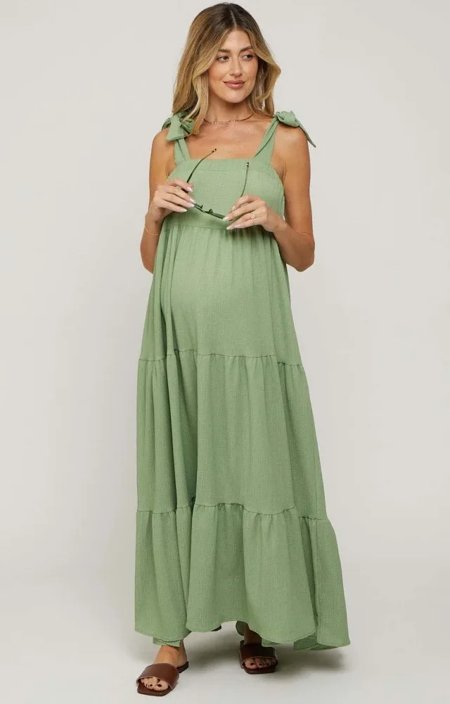 Sage Sleeveless Tiered Maternity Maxi Dress