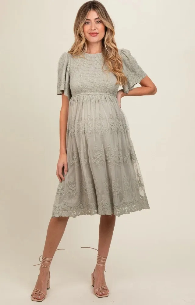 Sage Smocked Embroidered Mesh Maternity Dress