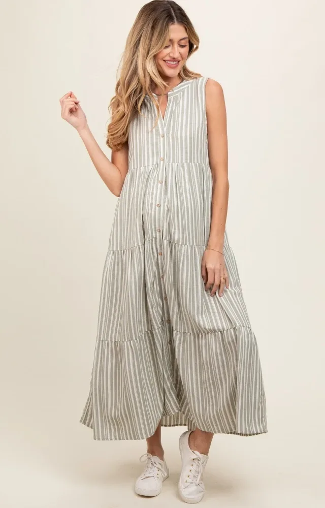 Sage Striped Sleeveless Tiered Linen Maternity Midi Dress