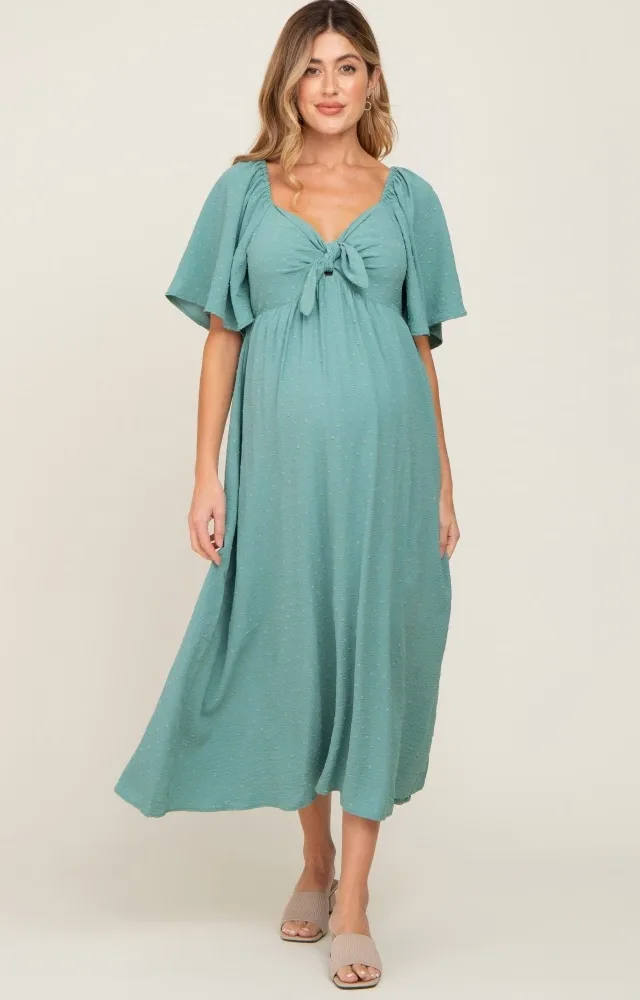 Sage Textured Dot Front Tie Ruffle Sleeve Maternity Midi Dress