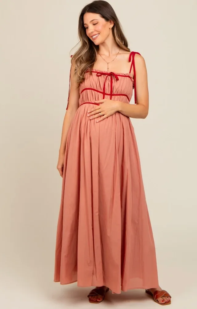 Salmon Contrast Ribbon Trim Maternity Maxi Dress