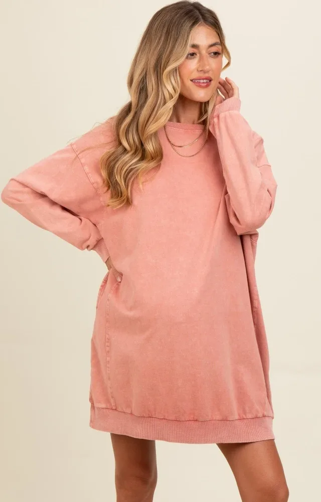 Salmon Mineral Wash Maternity Sweatshirt Dress