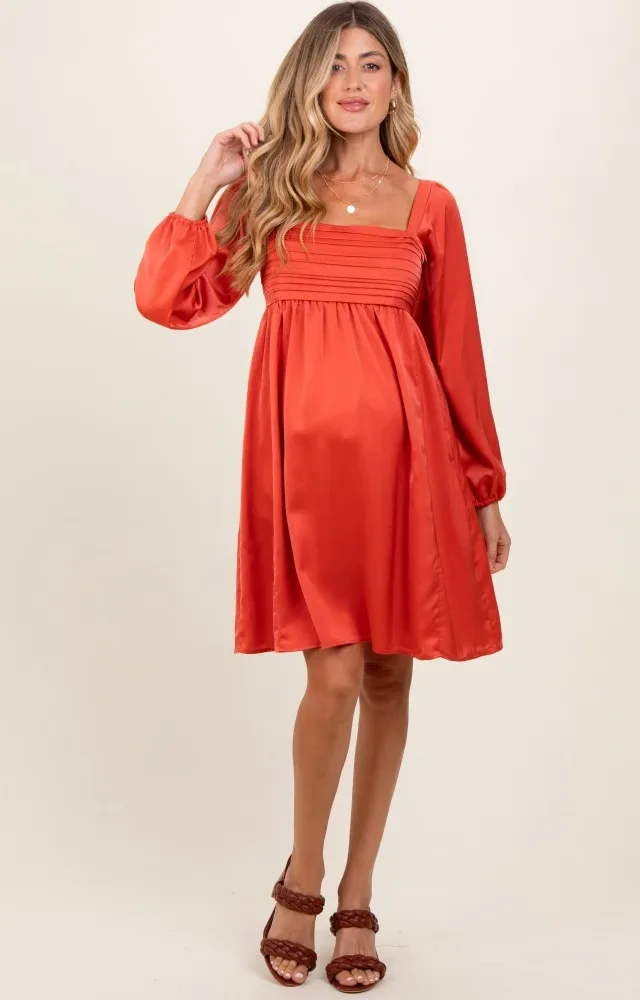 Salmon Satin Pleated Detail Bodice Maternity Dress