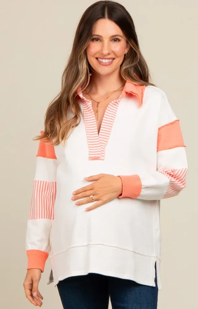 Salmon Striped Colorblock Maternity Polo Top