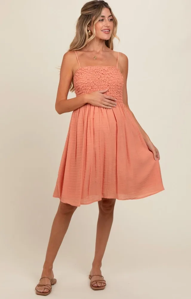 Salmon Textured Smocked Maternity Dress