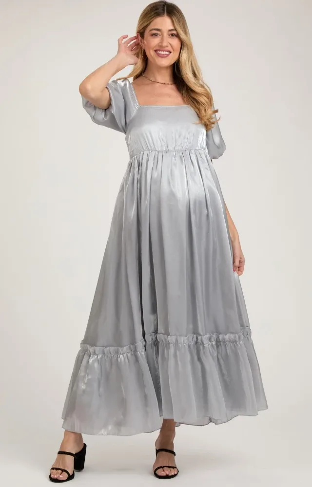 Silver Satin Square Neck Short Puff Sleeve Maternity Maxi Dress