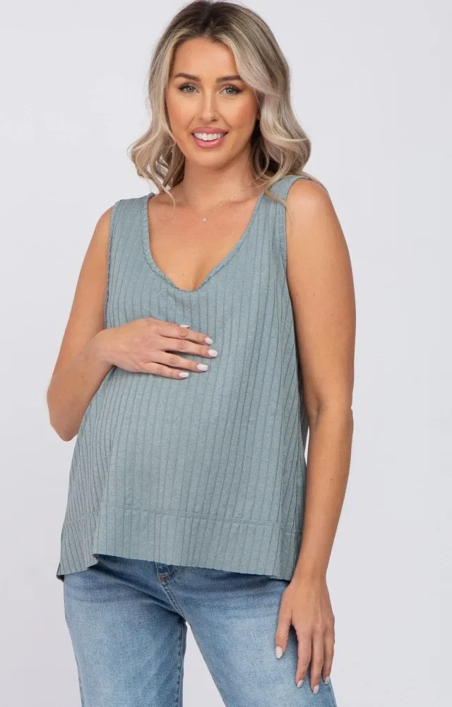 Slate Blue Ribbed Raw Hem Maternity Tank Top