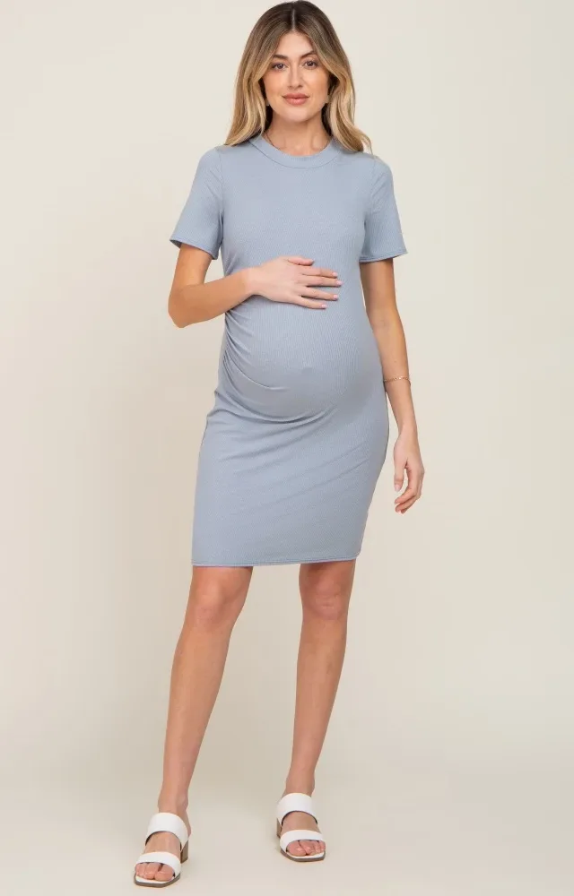 Slate Blue Ribbed Ruched Side Fitted Maternity Dress