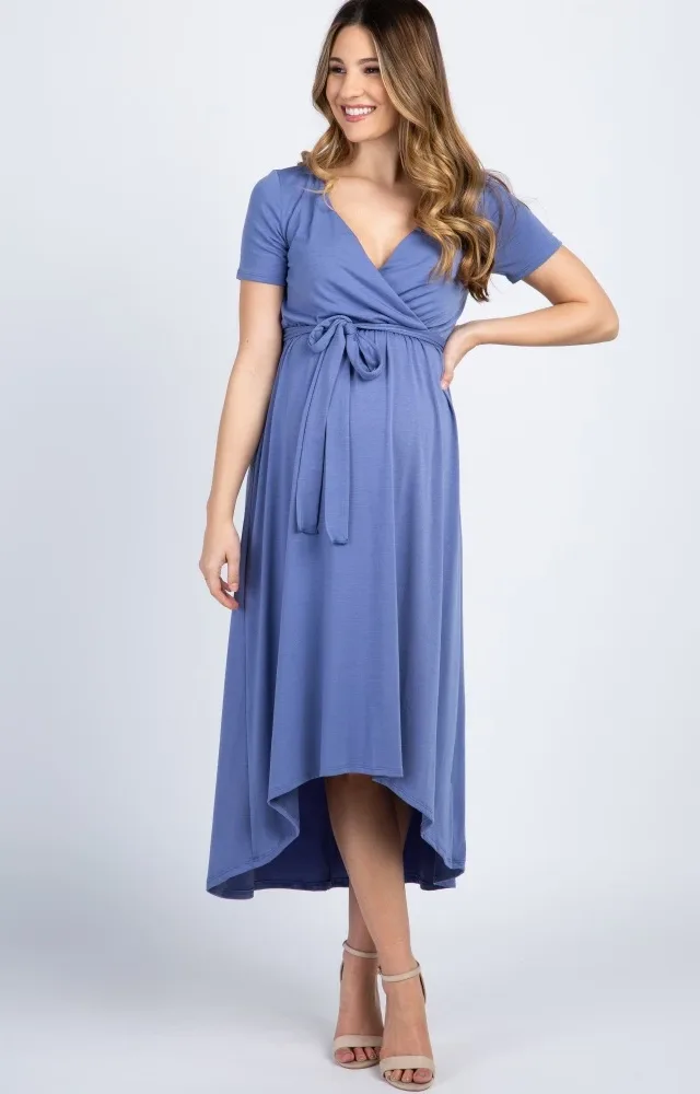 Slate Blue Solid Hi-Low Maternity Wrap Dress