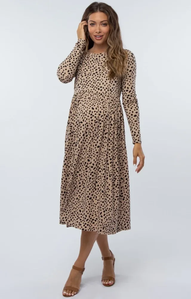 Taupe Abstract Animal Print Maternity Midi Dress