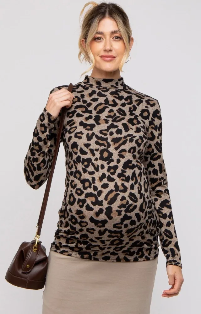 Taupe Animal Print Mock Neck Maternity Top