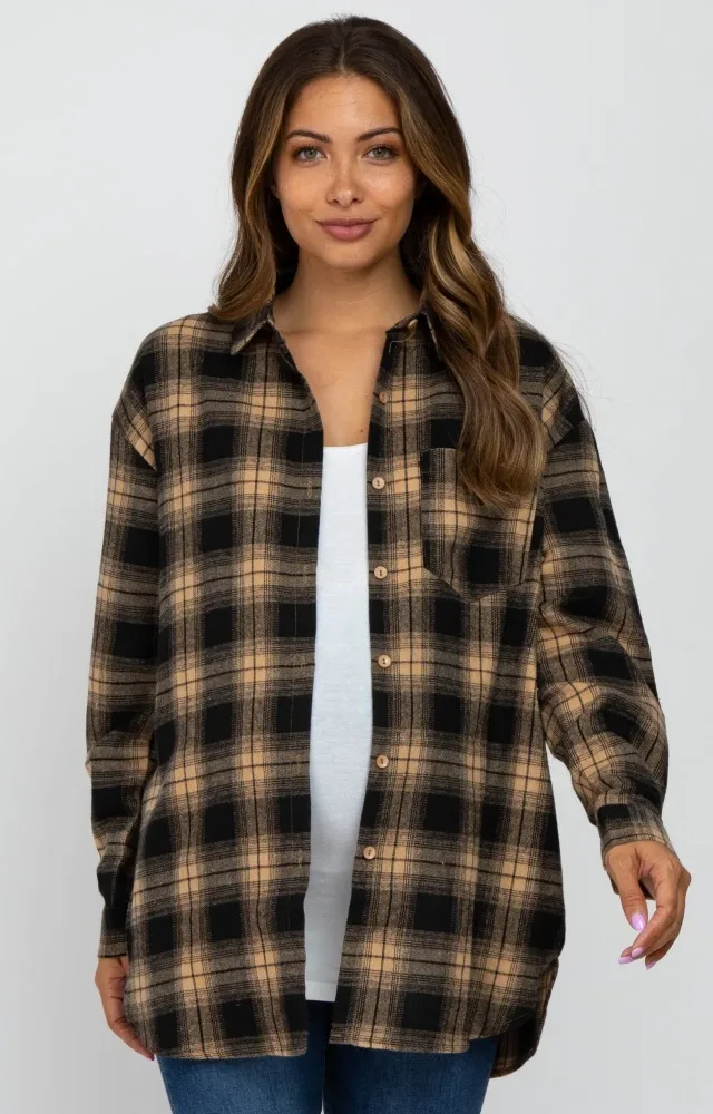 Taupe Black Plaid Button Down Maternity Top