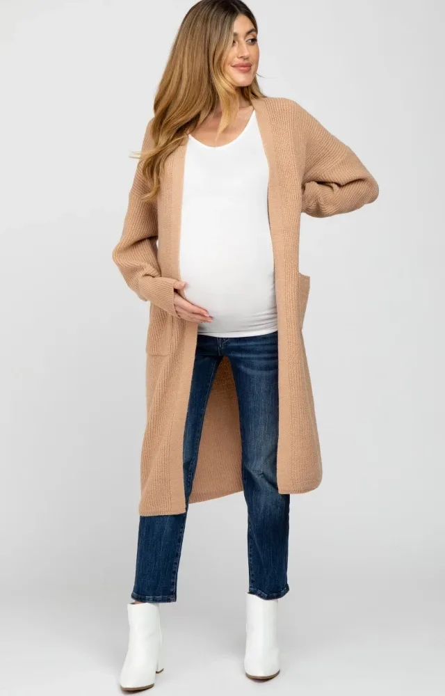 Taupe Bubble Sleeve Long Maternity Cardigan