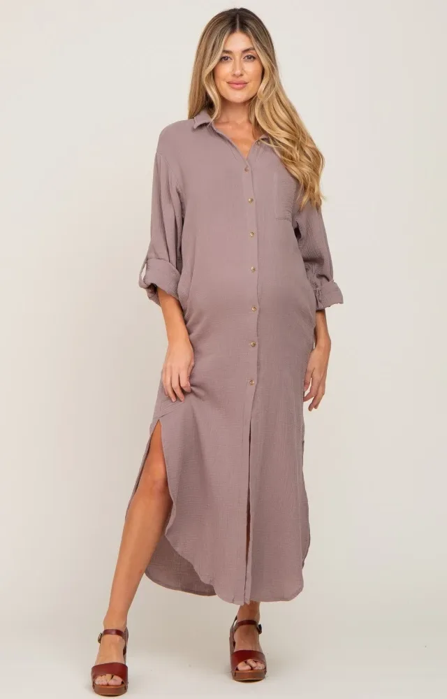 Taupe Button Down 3/4 Sleeve Maternity Midi Dress