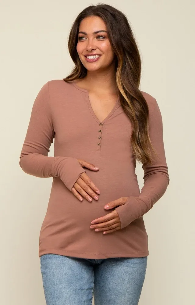 Taupe Button Front Long Sleeve Maternity Top