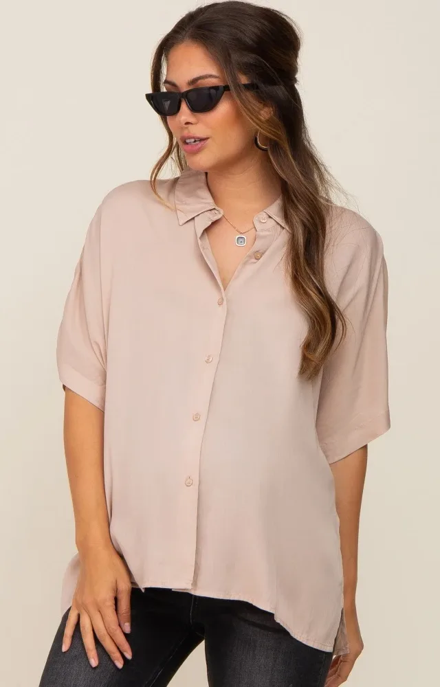 Taupe Button Up Dolman Short Sleeve Maternity Top