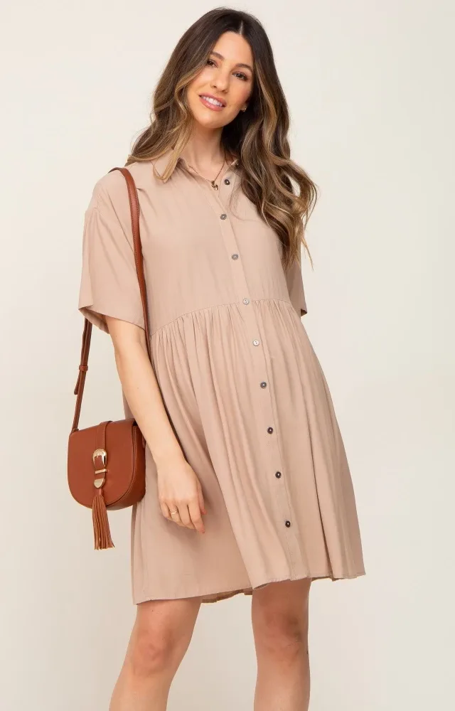 Taupe Buttondown Short Sleeve Maternity Dress