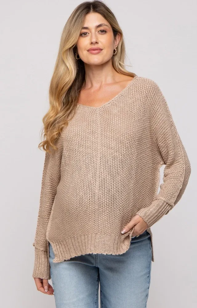 Taupe Chunky Knit Side Slit Maternity Sweater