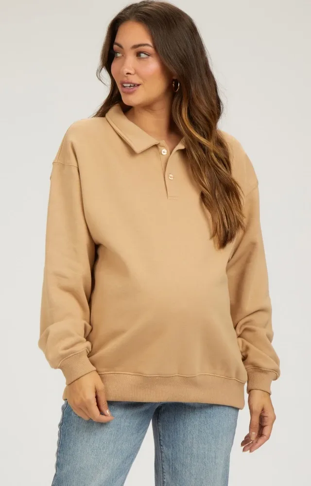 Taupe Collared Pullover Maternity Sweatshirt