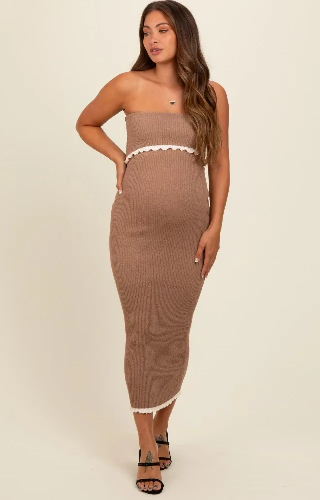 Taupe Contrast Trim Maternity Strapless Knit Dress