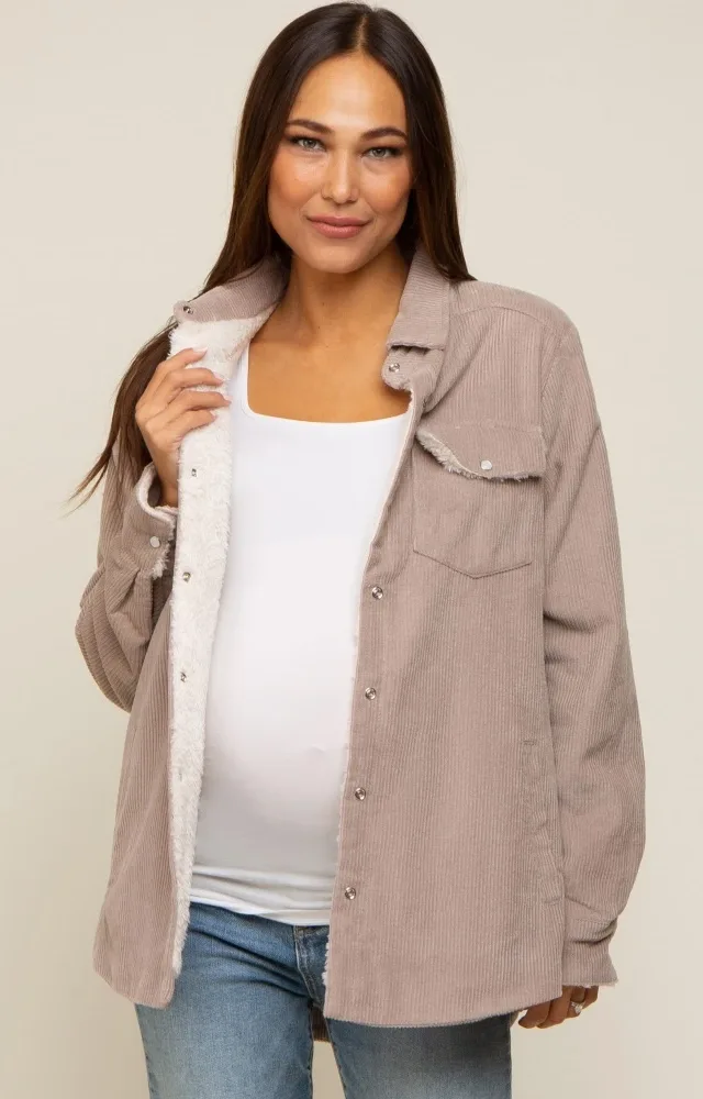 Taupe Corduroy Sherpa Lined Maternity Shacket