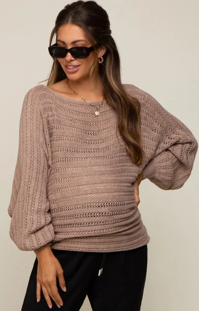 Taupe Crochet Dolman Sleeve Maternity Sweater