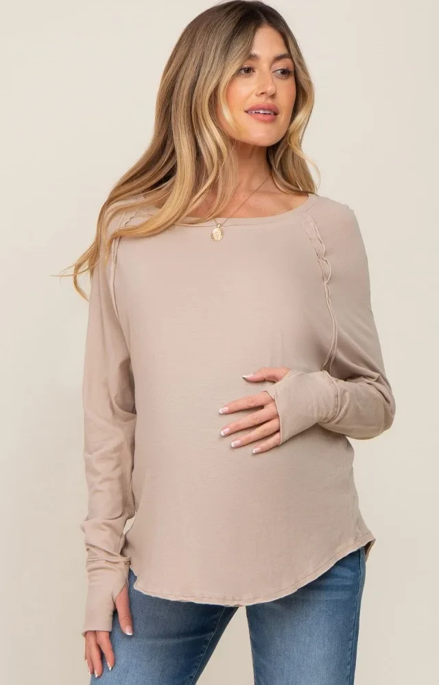 Taupe Exposed Seam Long Sleeve Maternity Top