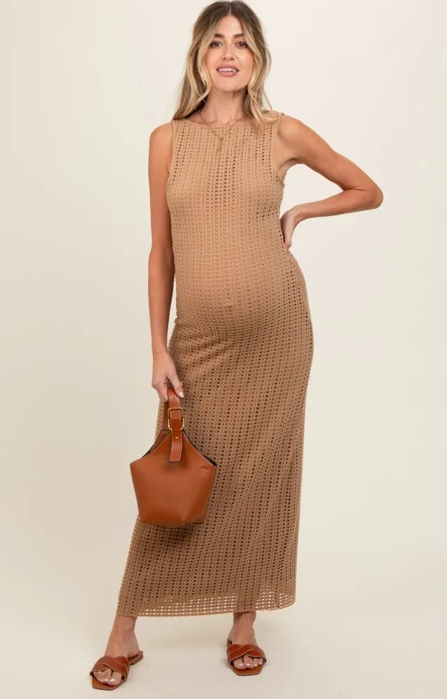 Taupe Fish Net Knit Maternity Dress