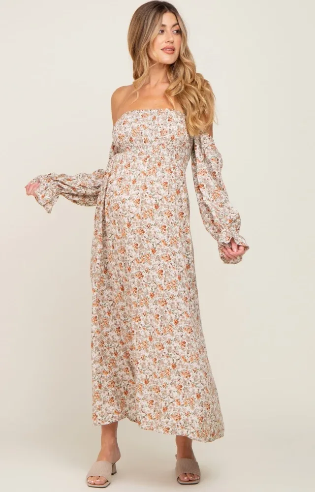 Taupe Floral Long Sleeve Maternity Maxi Dress