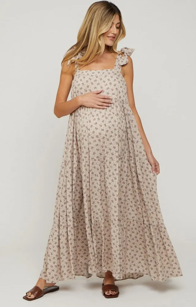 Taupe Floral Shoulder Tie Maternity Maxi Dress