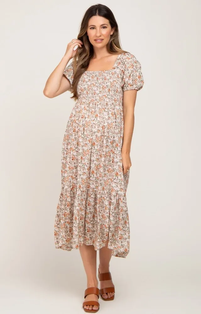 Taupe Floral Smocked Puff Sleeve Maternity Midi Dress