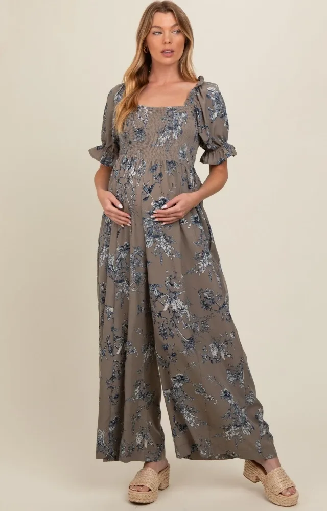 Taupe Floral Smocked Square Neck Wide Leg Maternity Jumpsuit