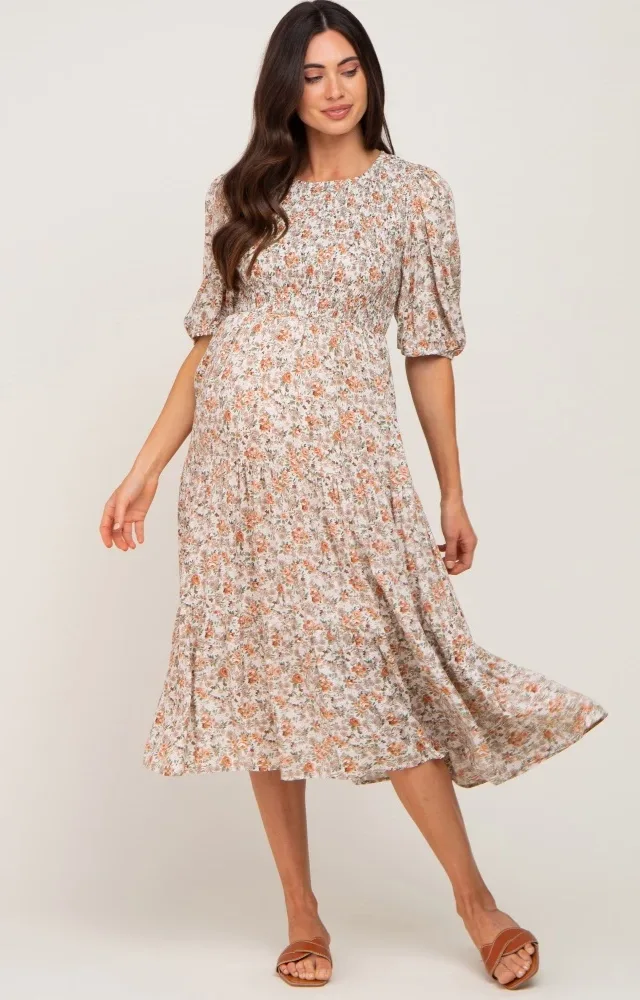 Taupe Floral Smocked Tiered Maternity Midi Dress