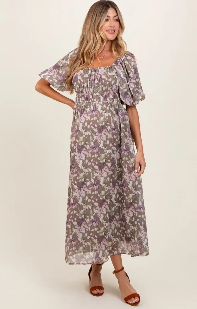 Taupe Floral Square Neck Short Puff Sleeve Maternity Midi Dress