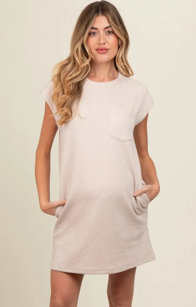 Taupe Front Pocket Line Textured Short Sleeve Maternity Dress