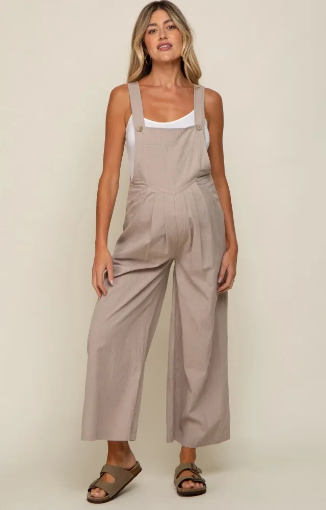 Taupe Front Pocket Pleated Linen Maternity Overall