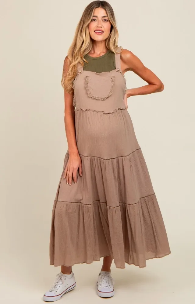 Taupe Front Pocket Tiered Overall Maternity Midi Dress