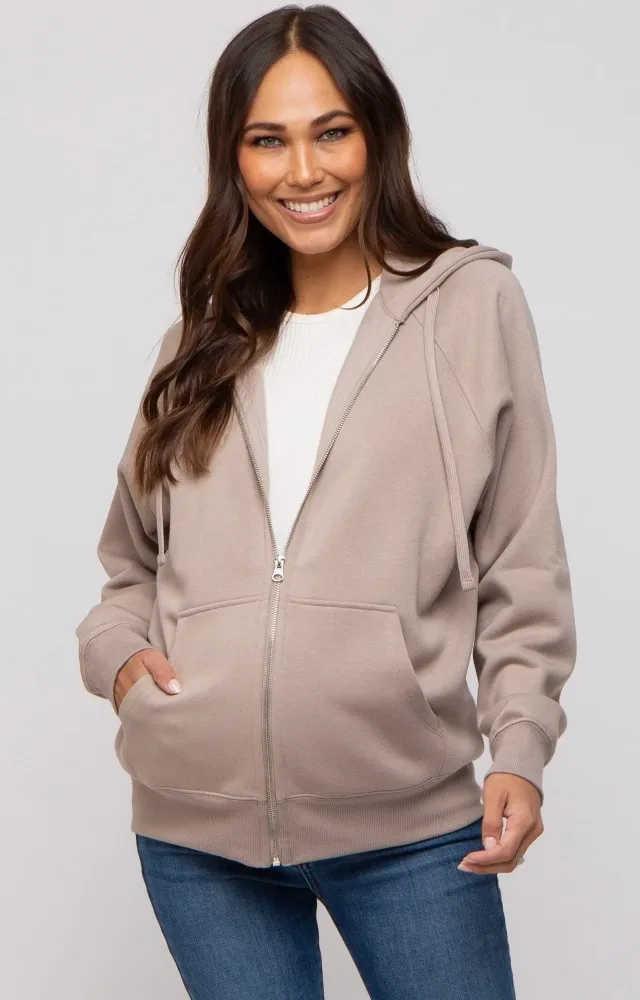 Taupe Front Zipper Hooded Maternity Sweater