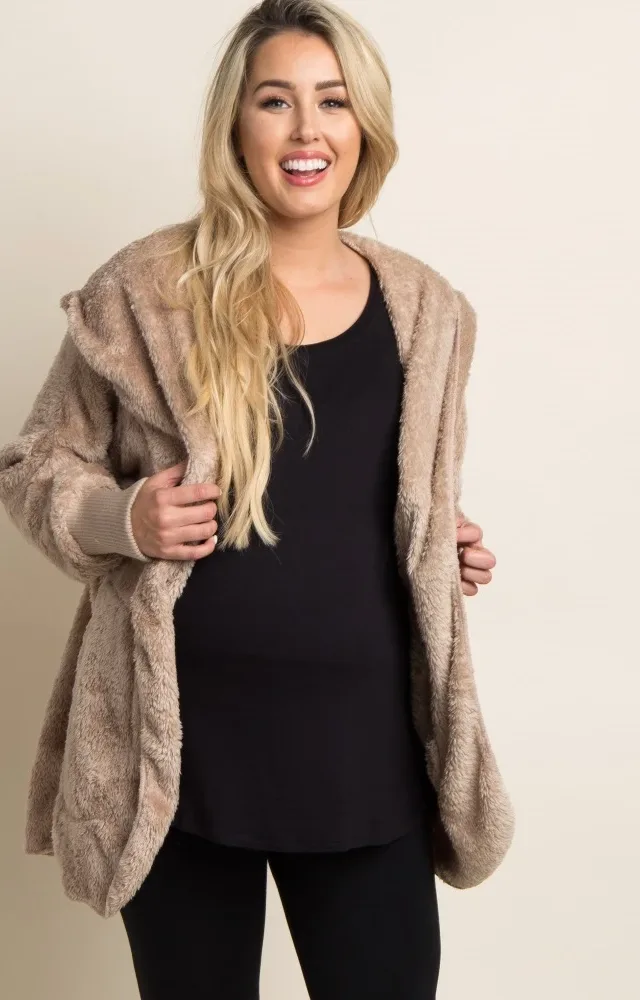 Taupe Fuzzy Hooded Maternity Jacket