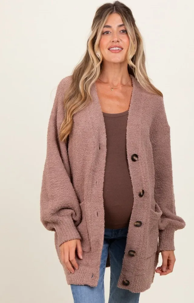 Taupe Fuzzy Knit Oversized Button Up Maternity Cardigan