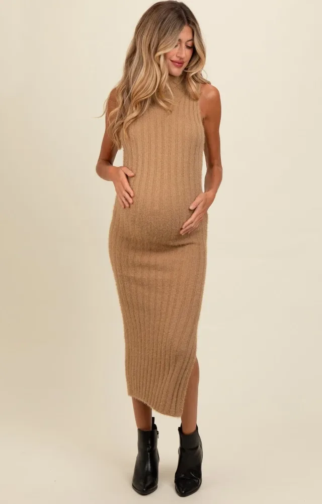 Taupe Fuzzy Knit Turtle Neck Maternity Midi Dress