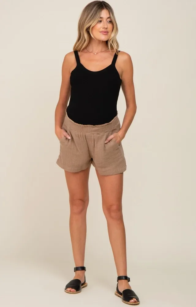 Taupe Gauze Double Layered Maternity Shorts