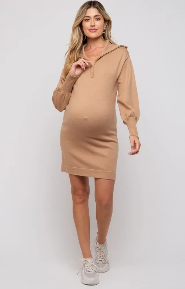 Taupe Knit Half Zip Maternity Mini Dress