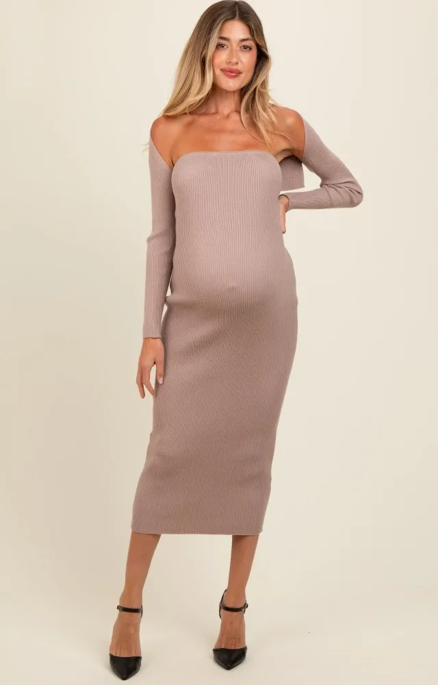 Taupe Knit Shrug Fitted Maternity Midi Dress