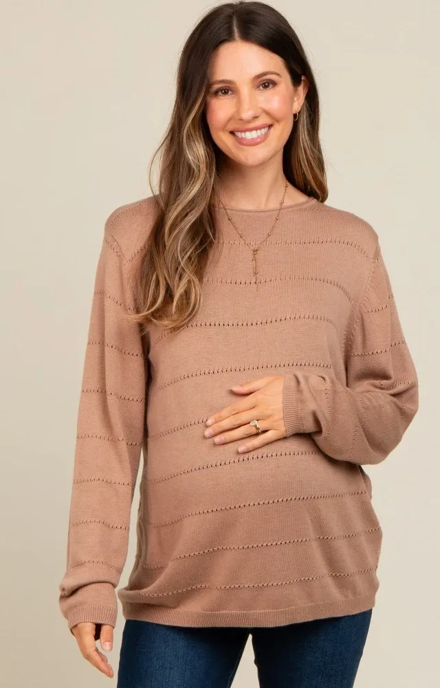 Taupe Knit Stitch Detail Long Sleeve Maternity Sweater Top