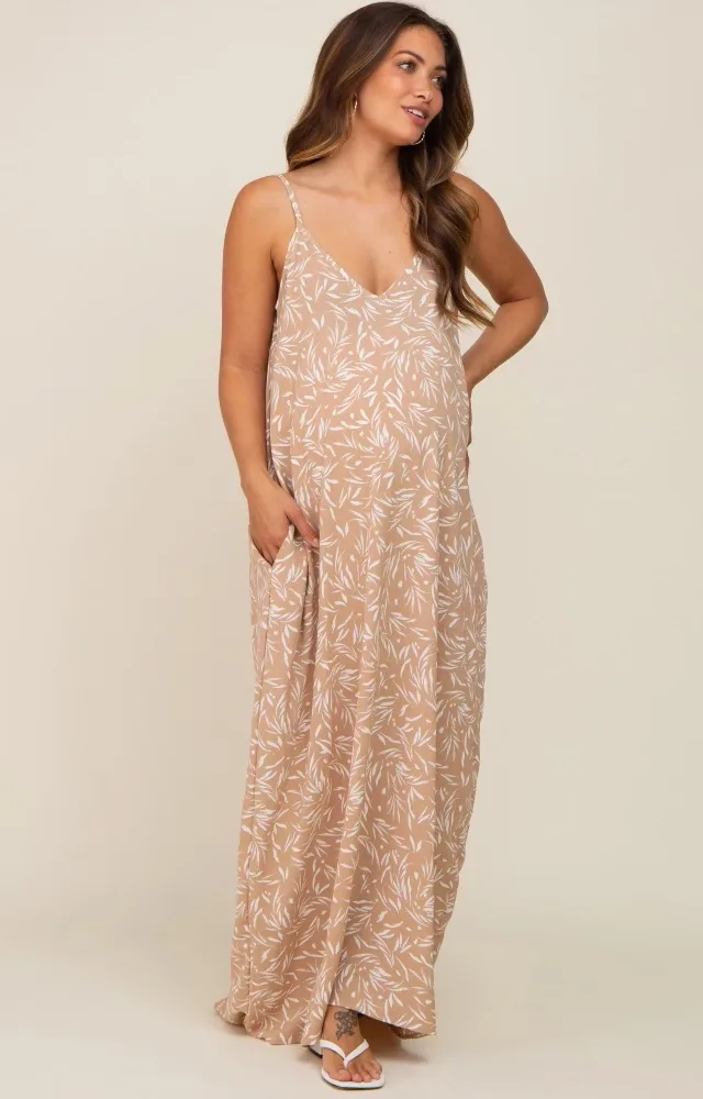 Taupe Leaf Print Double V-Neck Maternity Maxi Dress